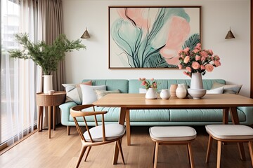 Wooden Dining Table, Sofa and Mint Chair: Stylish Home Decor Combo