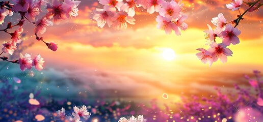 Springtime Canvas - An Artistic Background featuring Pink Blossoms at Sunset, Capturing the Ethereal Beauty of the Season. Made with Generative AI Technology