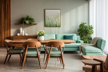 Wooden Dining Table Sofa and Mint Chair: Charming Home Decor Setup