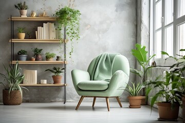 Mint Chair Elegance: Concrete Floors and Indoor Plants Home Design