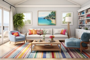Coastal Style Drawing Room: Vibrant Rug & Contemporary Layout Interiors