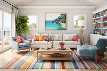 Fototapeta premium Coastal Style Drawing Room: Vibrant Rug & Contemporary Layout Interiors
