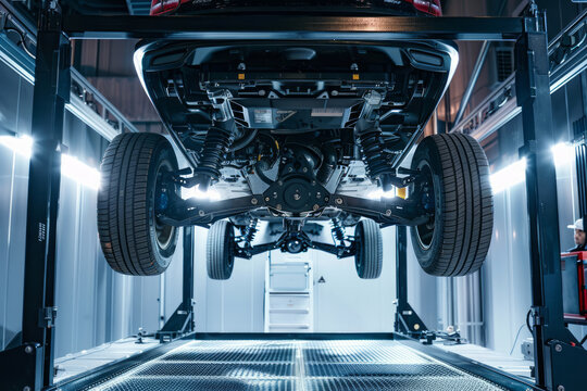 Automobile in officina su un ponte sollevatore per controllo sospensioni