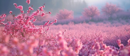 A beautiful field of pink flowers with trees in the background, creating a stunning contrast of colors. The petals range from magenta to violet, complemented by lush green grass and a soft cloudy sky