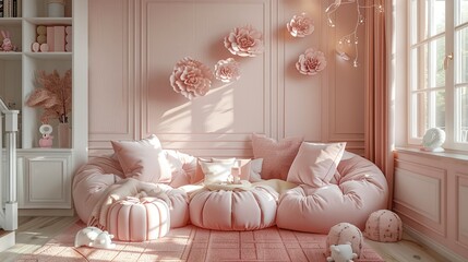 Interior design, a charming and cozy children's room bathed in soft pink hues. Generative AI.