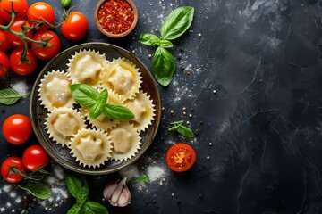 Top view of dark background with ravioli tomato sauce and basil