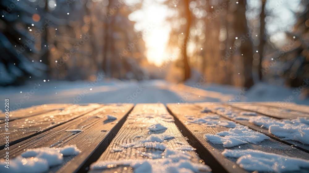 Poster Empty wooden table top with blur background of winter. Generative AI.