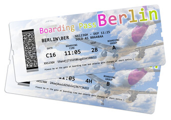 Airline boarding pass tickets to Berlin isolated on white - The contents of the image are totally...