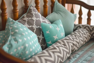 Turquoise and gray baby crib with geometric patterns in zigzags lines stars and dots on calico