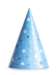 Blue paper party hat with star design, standing on solid white background.