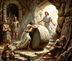 Angels rolling back the stone to the garden tomb of Jesus - obrazy, fototapety, plakaty