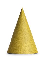 Golden mat glitter paper party hat, standing on solid white background.