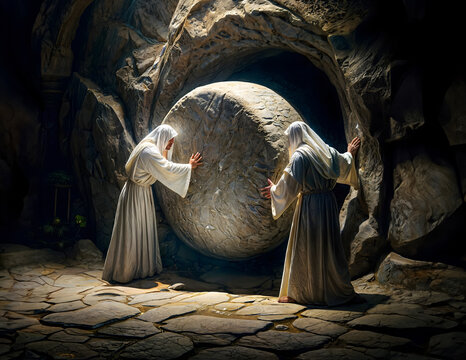 Angels Rolling Away the Stone from Jesus’ Tomb – Easter Gospel of the Risen Resurrection - Image of Jesus Tomb