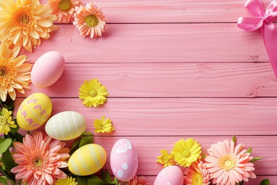 Happy Easter Eggs Basket motion graphic. Bunny hopping in flower plastic eggs decoration. Adorable hare 3d red ranunculus rabbit illustration. Holy week easter festive hunt gentle card Pollination