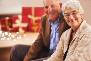 Elderly couple, portrait and Christmas with gifts or festive season in Canada or vacation, bonding...