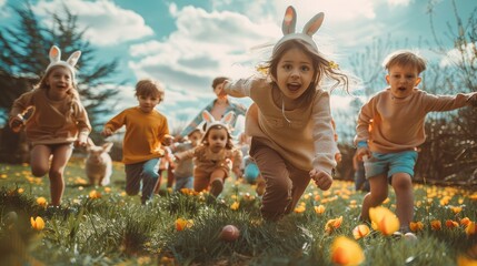 Easter Egg Hunt, Group Of Children Is Running To Pick Up easter Eggs In Garden. Generative AI.