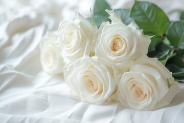 Obraz na płótnie Canvas White roses arranged on a white background with gentle blur