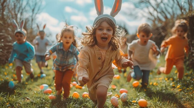 Easter Egg Hunt, Group Of Children Is Running To Pick Up easter Eggs In Garden. Generative AI.