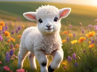 Fototapeta premium Playful Baby Lamb Running Through Wildflowers, Cute baby animal wallpaper, Beautiful baby sheep, Cute baby animals for kid's room wall art, wall decoration arts for kid's room