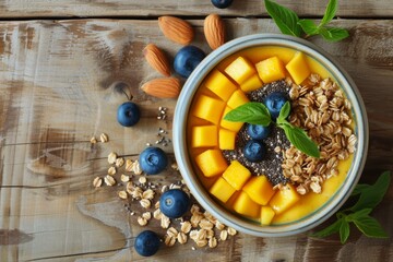 Wooden background with mango smoothie bowl topped with blueberries granola chia seeds and almonds