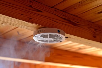 Wooden house with smoke and carbon monoxide detectors or Detectors for smoke and carbon monoxide in a wooden house - obrazy, fototapety, plakaty