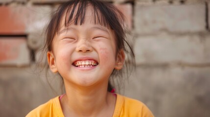 Laughing girl with closed eyes, exuding happiness and carefree childhood moments, perfect for family and joy concepts