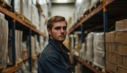 Young Caucasian male warehouse worker s portrait stored in factory
