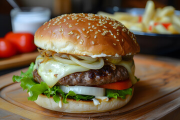 Cheeseburger With Swiss Cheese and Sautéed Onions food photo