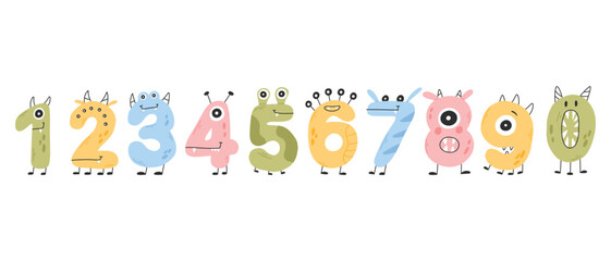 Set of funny cute monster numbers in cartoon style. Vector illustration. Drawing numbers monsters for birthday.