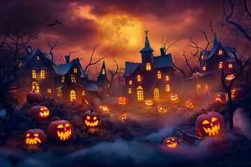 Autumnal village at night with pumpkins in the ground, haunting elegance, spectacular backdrops, light red and dark cyan, eye-catching, cabincore, smokey background, light yellow and dark purple.