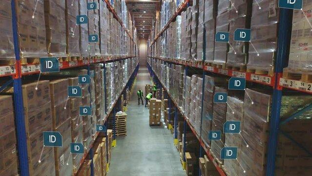 The appearance of plates with ID of goods in the warehouse. Product scanning process. Scanning product IDs in a modern warehouse. Artificial intelligence analyzes the goods in the warehouse.
