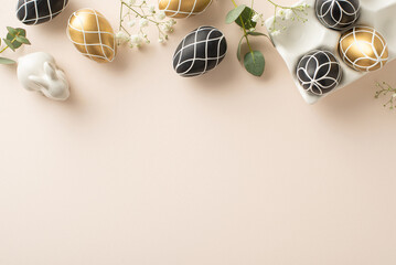 Elegant Easter arrangement: top view perspective of chic black and gold eggs in earthenware container, bunny ornament, eucalyptus greens, gypsophila, on a soft beige foundation, blank space for text