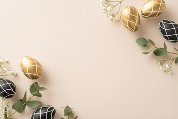 High-end Easter arrangement: Top view photo capturing elegant black and gold eggs, verdant...