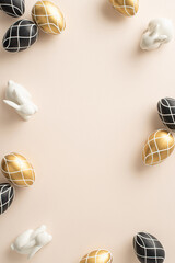 Elegant Easter vertical top view setup, presenting plush black and gold eggs, chic bunny ornaments,...