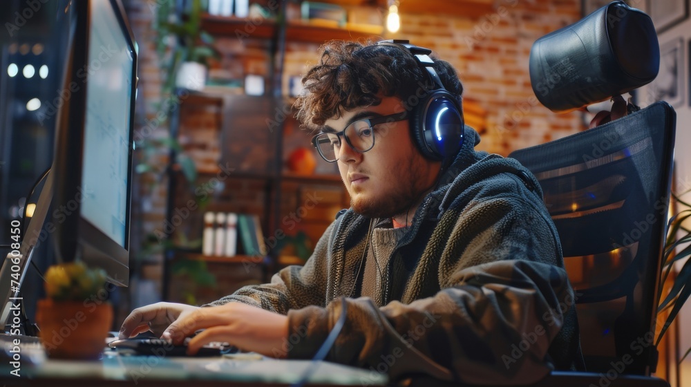 Poster a focused man, surrounded by the hum of technology, sits indoors wearing headphones and typing on a 