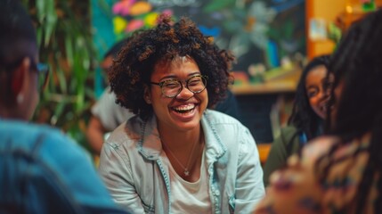 Fototapeta premium A stylish woman's infectious laughter fills the room as her glasses reflect the colorful artwork adorning the walls