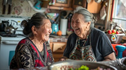 Two women bond over shared laughter and cooking in a cozy kitchen, surrounded by fresh vegetables and dressed in comfortable clothing