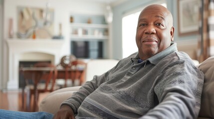 Obraz premium A contented senior man, dressed in comfortable clothing, sits in an indoor chair with a smile on his face, framed by the wall behind him, exuding a sense of peace and tranquility