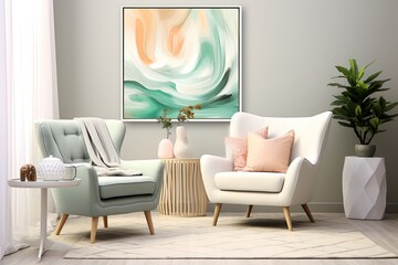 Mint Chair and White Sofa: Modern Living Room Setting with Contemporary Decor
