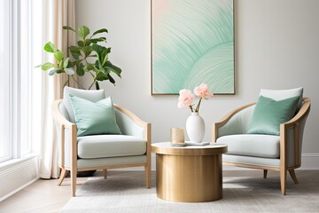 Fototapeta na wymiar Mint Chair Delight: Round Coffee Table Enhancing Living Room Vibes