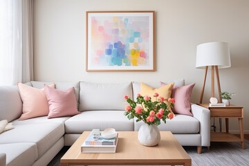 White Sofa Mid-century Living Room: Pastel Pillow Paradise with Solid Wood Table
