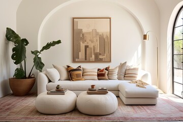 White Sofa Mid-century Room with Arch Door and Textile Pouf Seating: Modern Living Space Delight.
