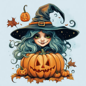 October 31, Halloween decoration, autumn. A cute witch with a pumpkin. graphic drawing. artificial intelligence generator, AI, neural network image. background for the design.