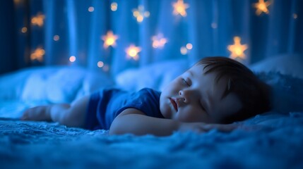 Side view of a beautiful and cute male toddler baby kid sleeping and resting at night in a dark room with blue and yellow glowing stars on the walls. Little newborn child sweet dreams, infant bedroom  - Powered by Adobe