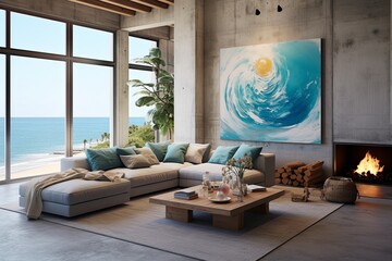 Fototapeta premium Coastal Art Loft: Stylish Living Room Interiors with Concrete Structures