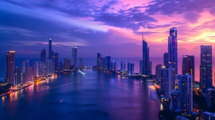 Fototapeta premium A mesmerizing urban oasis emerges as the city skyline is bathed in the warm glow of a pink sunset, casting reflections upon the tranquil waters below