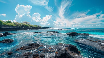 A tranquil tropical paradise awaits as the crystal blue waters kiss the rocky shore, framed by an endless azure sky and scattered clouds