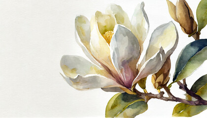 Watercolour of a magnolia on pure white background canvas, copyspace on a side