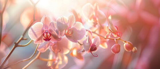 image of a delicate pink orchid in full bloom. Soft nature light