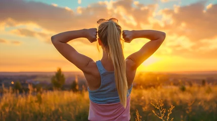 Foto op Canvas Closeup rearview of a young athletic and fit woman wearing a gray and pink t shirt and flexing her muscles during the golden hour sunset. Female lady showing off her strength outdoors, fitness girl © Nemanja